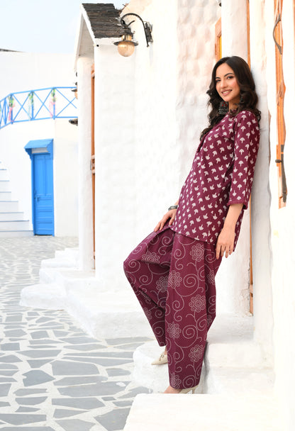 Wine Purple Floral Hand-Block Cotton Co-ord Set – Farshi Salwar Ethnic Wear