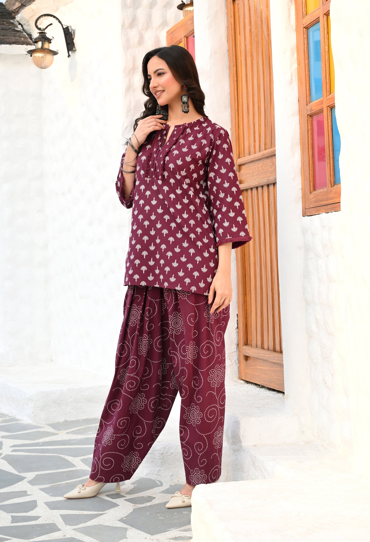 Wine Purple Floral Hand-Block Cotton Co-ord Set – Farshi Salwar Ethnic Wear