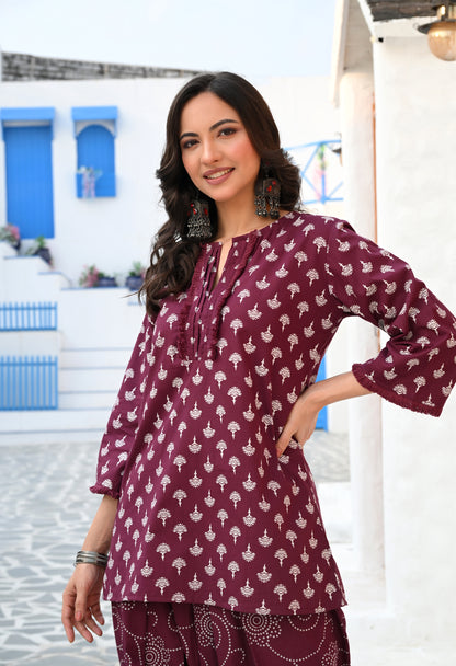 Wine Purple Floral Hand-Block Cotton Co-ord Set – Farshi Salwar Ethnic Wear