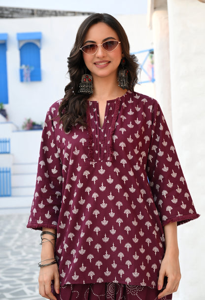 Wine Purple Floral Hand-Block Cotton Co-ord Set – Farshi Salwar Ethnic Wear