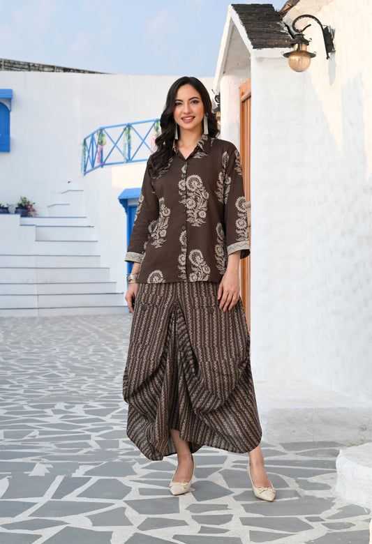 Mouse Brown Floral Hand-Block Shirt & Striped Utility Dhoti Co-ord Set