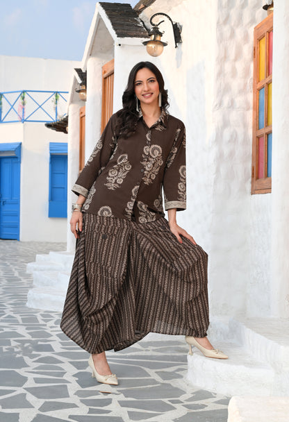 Mouse Brown Floral Hand-Block Shirt & Striped Utility Dhoti Co-ord Set