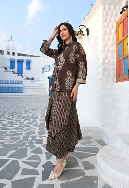 Mouse Brown Floral Hand-Block Shirt & Striped Utility Dhoti Co-ord Set
