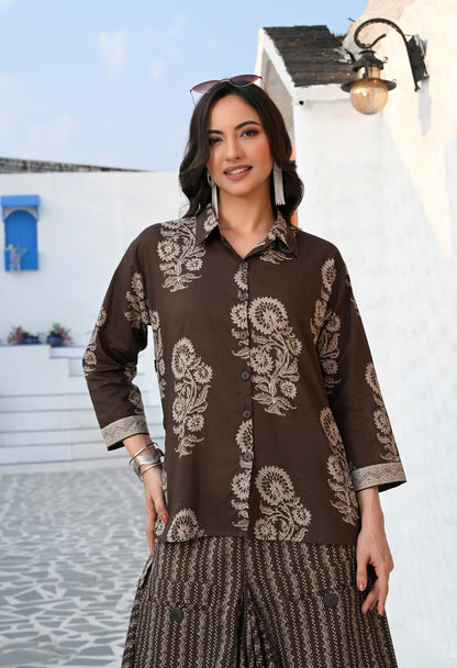 Mouse Brown Floral Hand-Block Shirt & Striped Utility Dhoti Co-ord Set