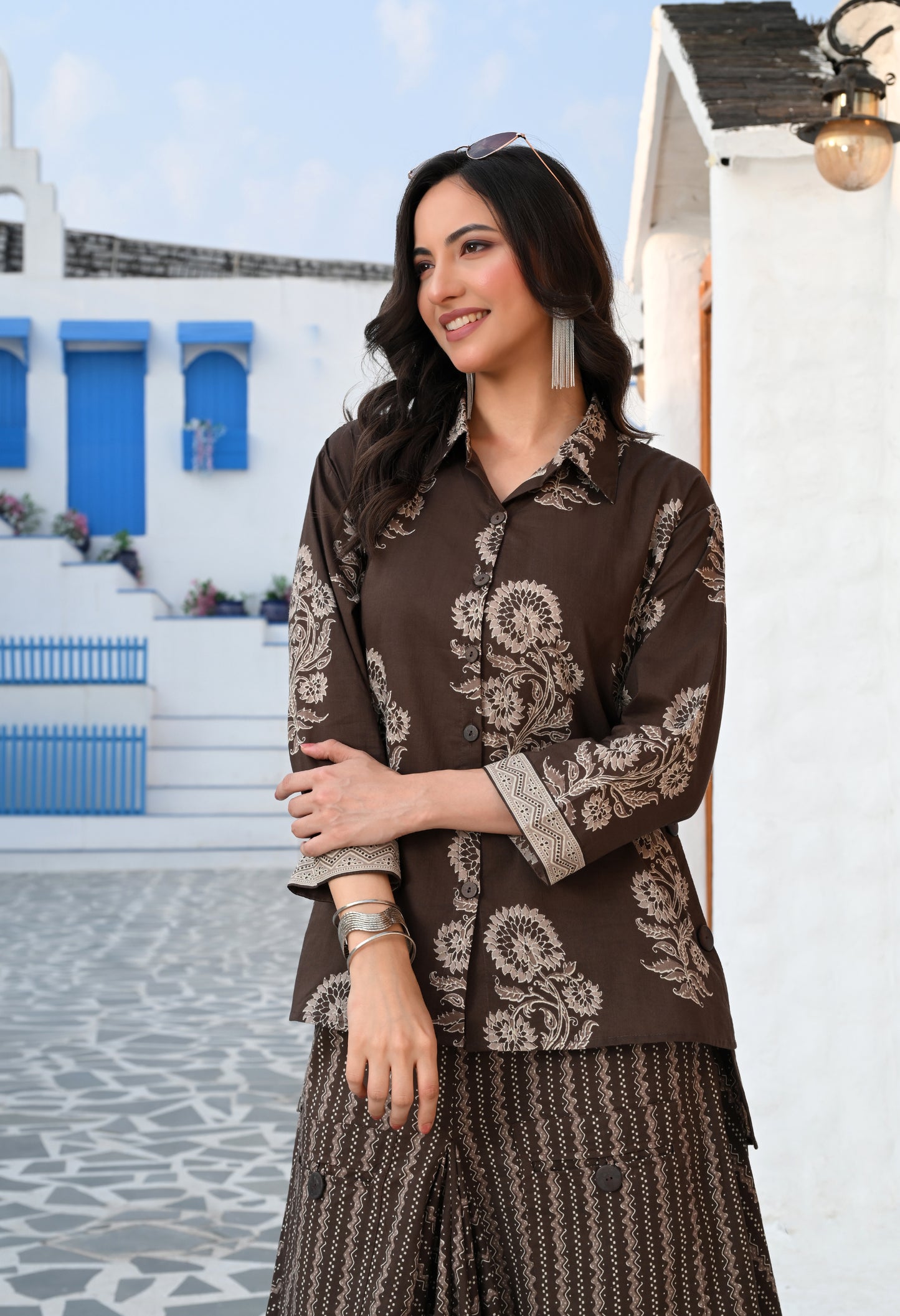 Mouse Brown Floral Hand-Block Shirt & Striped Utility Dhoti Co-ord Set