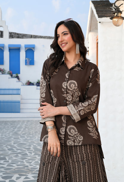 Mouse Brown Floral Hand-Block Shirt & Striped Utility Dhoti Co-ord Set