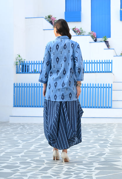 Indigo Blue Ikat Hand-Block Shirt & Striped Utility Dhoti Co-ord Set