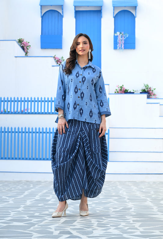 Indigo Blue Ikat Hand-Block Shirt & Striped Utility Dhoti Co-ord Set