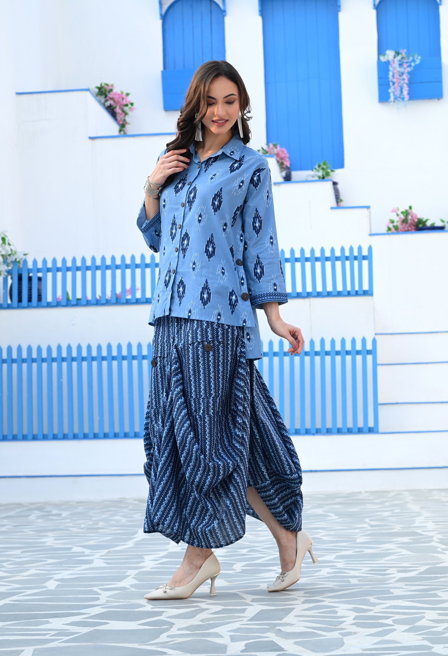 Indigo Blue Ikat Hand-Block Shirt & Striped Utility Dhoti Co-ord Set