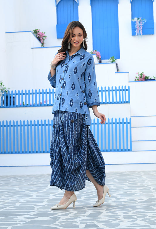 Indigo Blue Ikat Hand-Block Shirt & Striped Utility Dhoti Co-ord Set