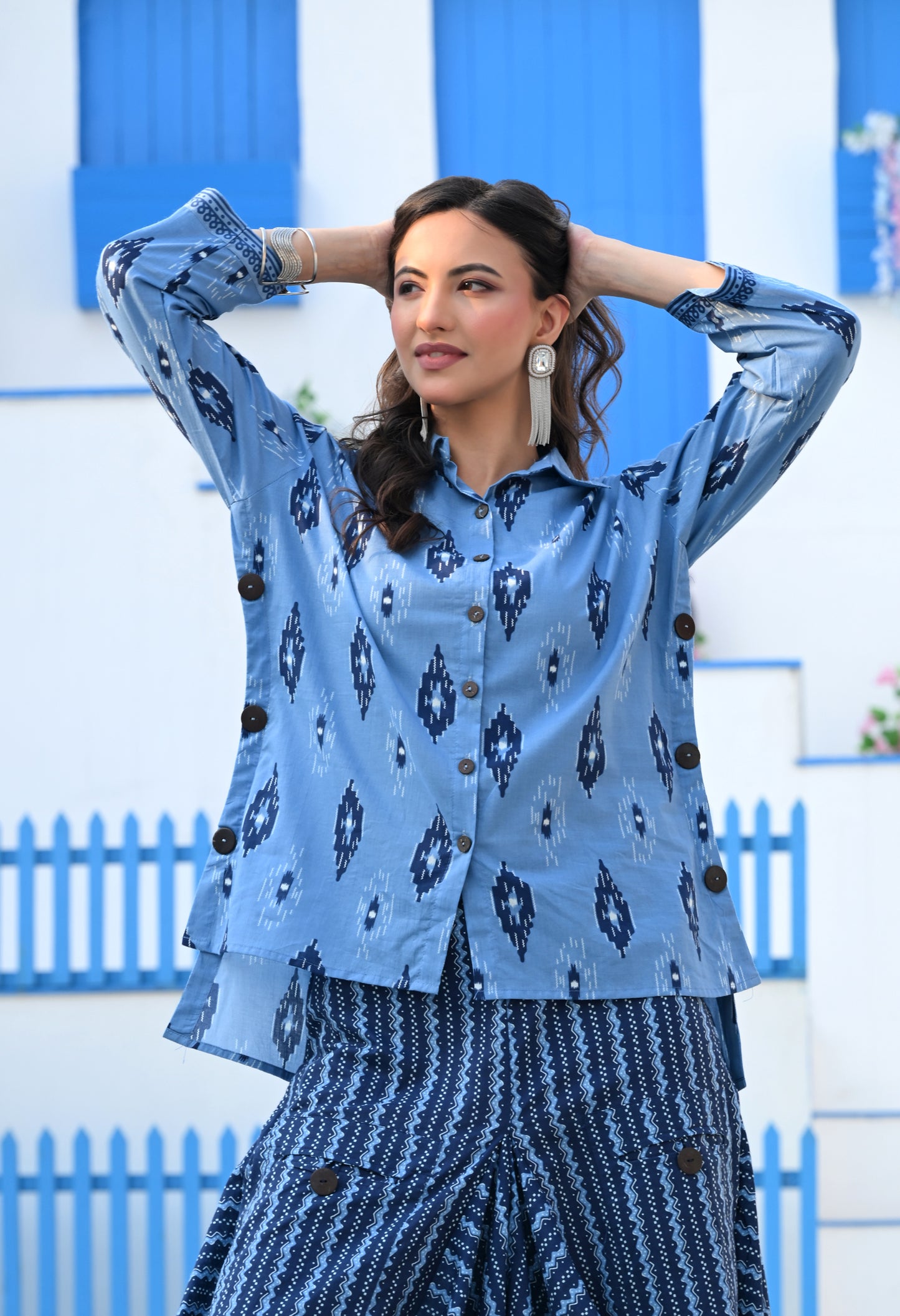 Indigo Blue Ikat Hand-Block Shirt & Striped Utility Dhoti Co-ord Set