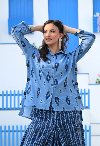 Indigo Blue Ikat Hand-Block Shirt & Striped Utility Dhoti Co-ord Set