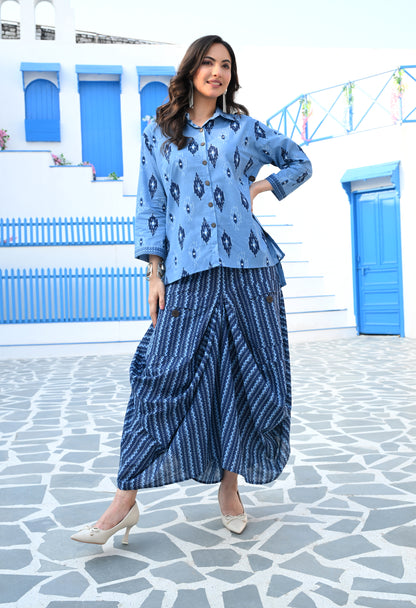 Indigo Blue Ikat Hand-Block Shirt & Striped Utility Dhoti Co-ord Set