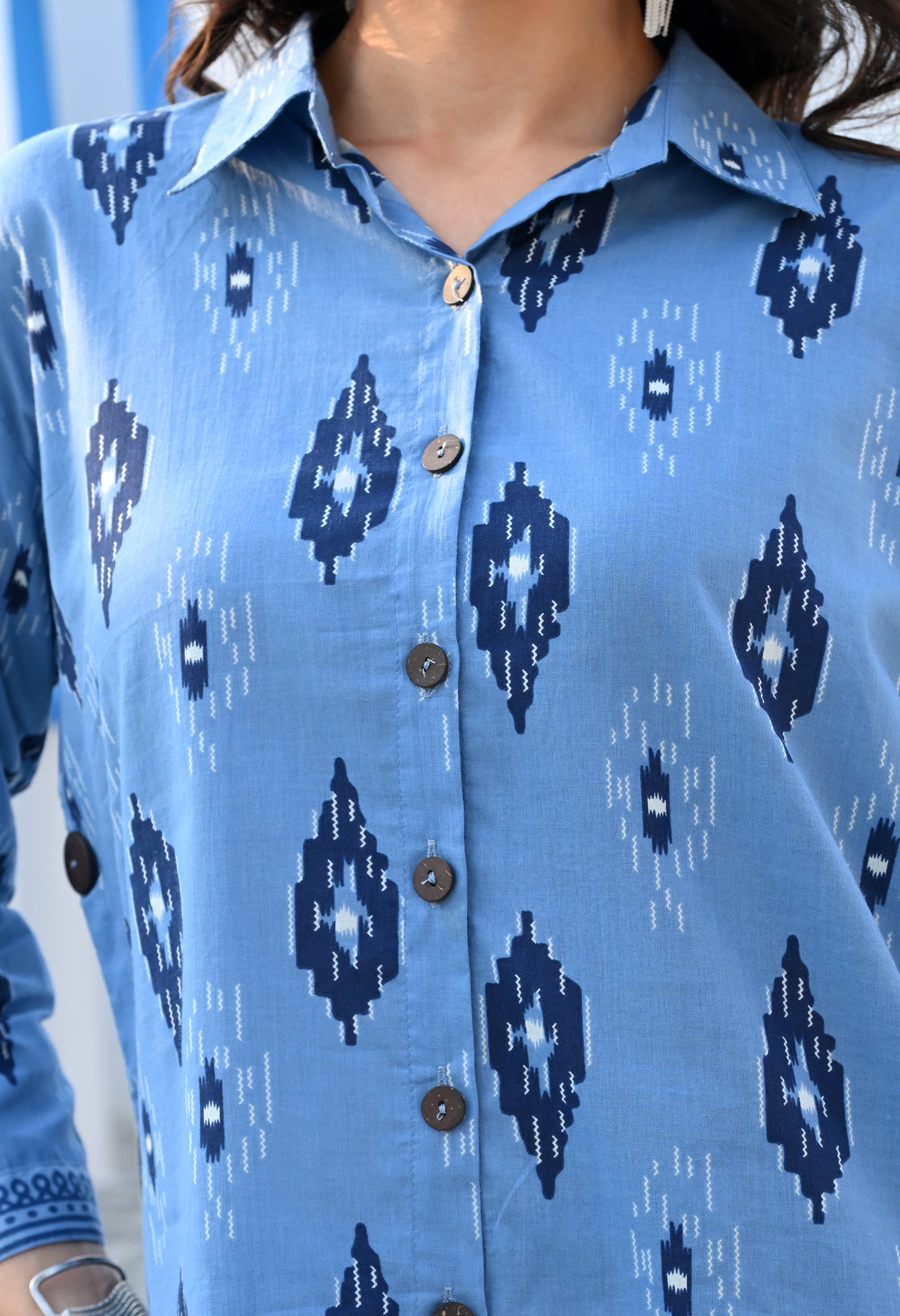 Indigo Blue Ikat Hand-Block Shirt & Striped Utility Dhoti Co-ord Set