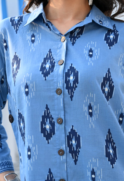 Indigo Blue Ikat Hand-Block Shirt & Striped Utility Dhoti Co-ord Set