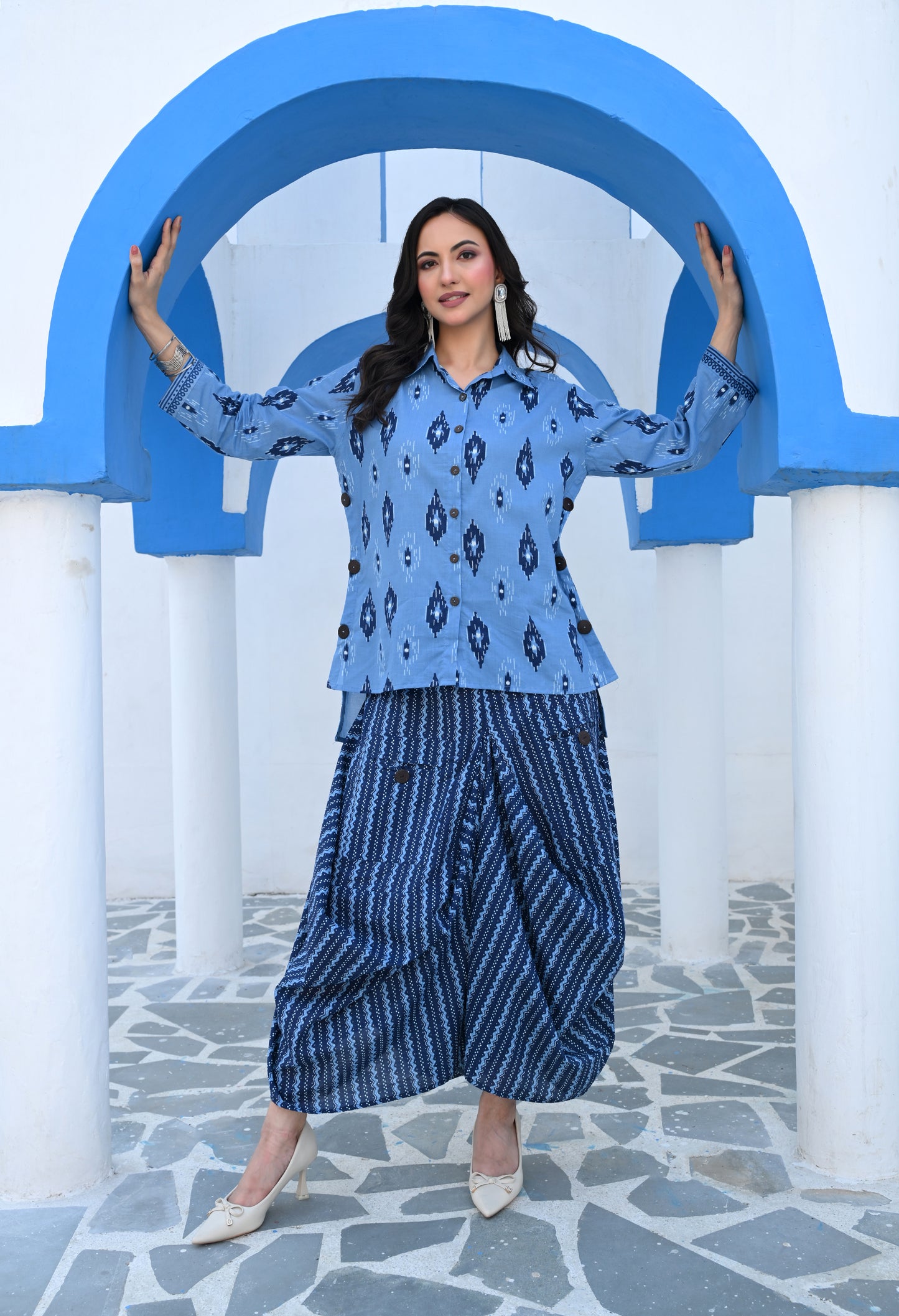 Indigo Blue Ikat Hand-Block Shirt & Striped Utility Dhoti Co-ord Set