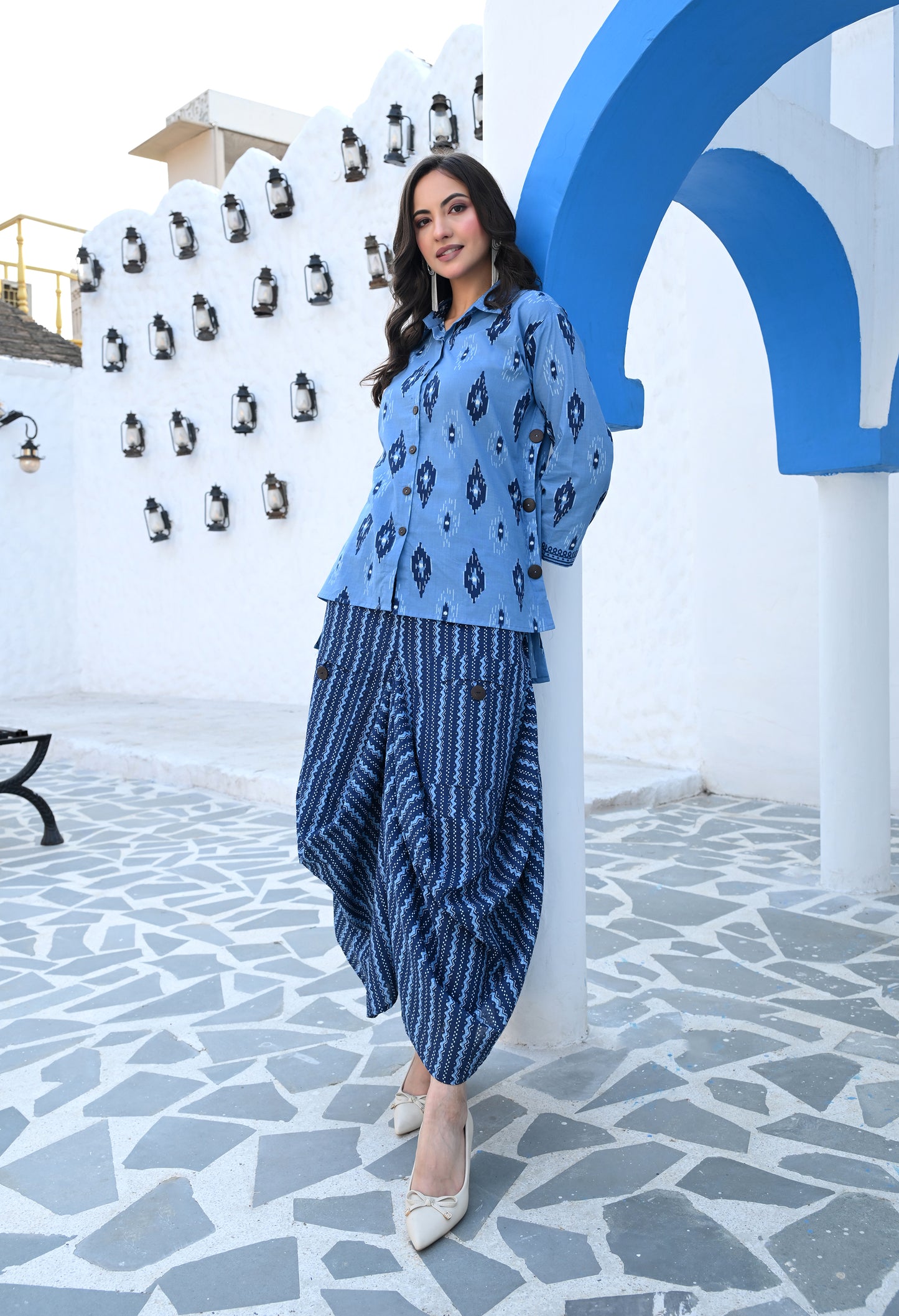 Indigo Blue Ikat Hand-Block Shirt & Striped Utility Dhoti Co-ord Set