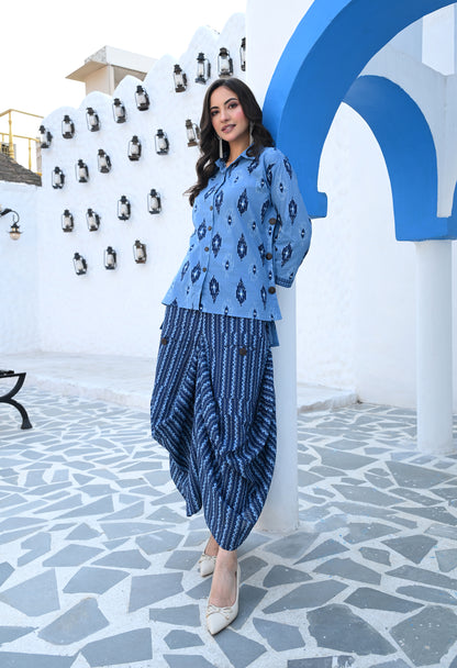 Indigo Blue Ikat Hand-Block Shirt & Striped Utility Dhoti Co-ord Set