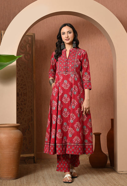 Crimson Rose Cotton Suit Set