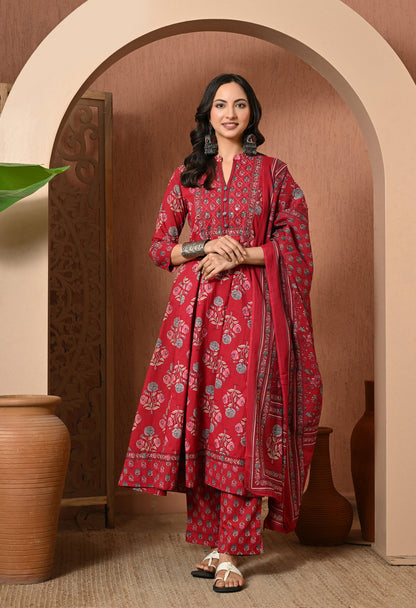 Crimson Rose Cotton Suit Set