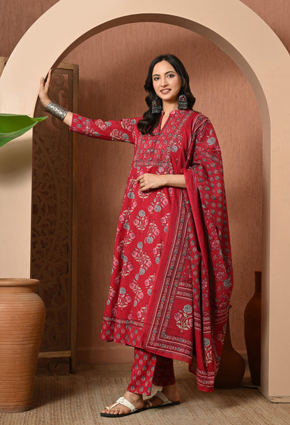 Crimson Rose Cotton Suit Set