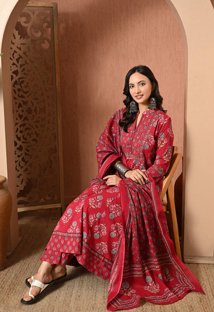 Crimson Rose Cotton Suit Set