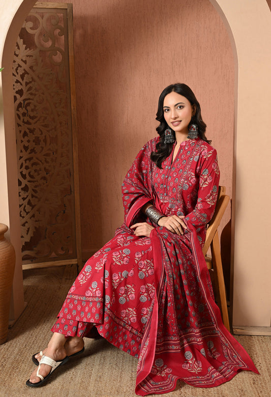 Crimson Rose Cotton Suit Set