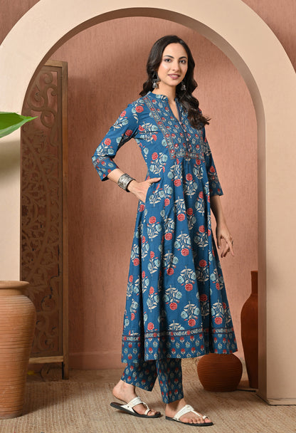 Blue Rose Cotton Suit Set
