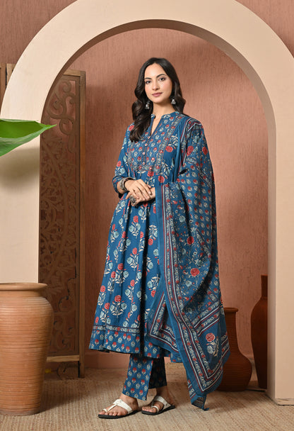 Blue Rose Cotton Suit Set