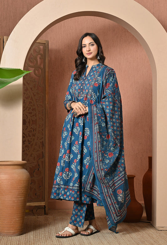 Blue Rose Cotton Suit Set