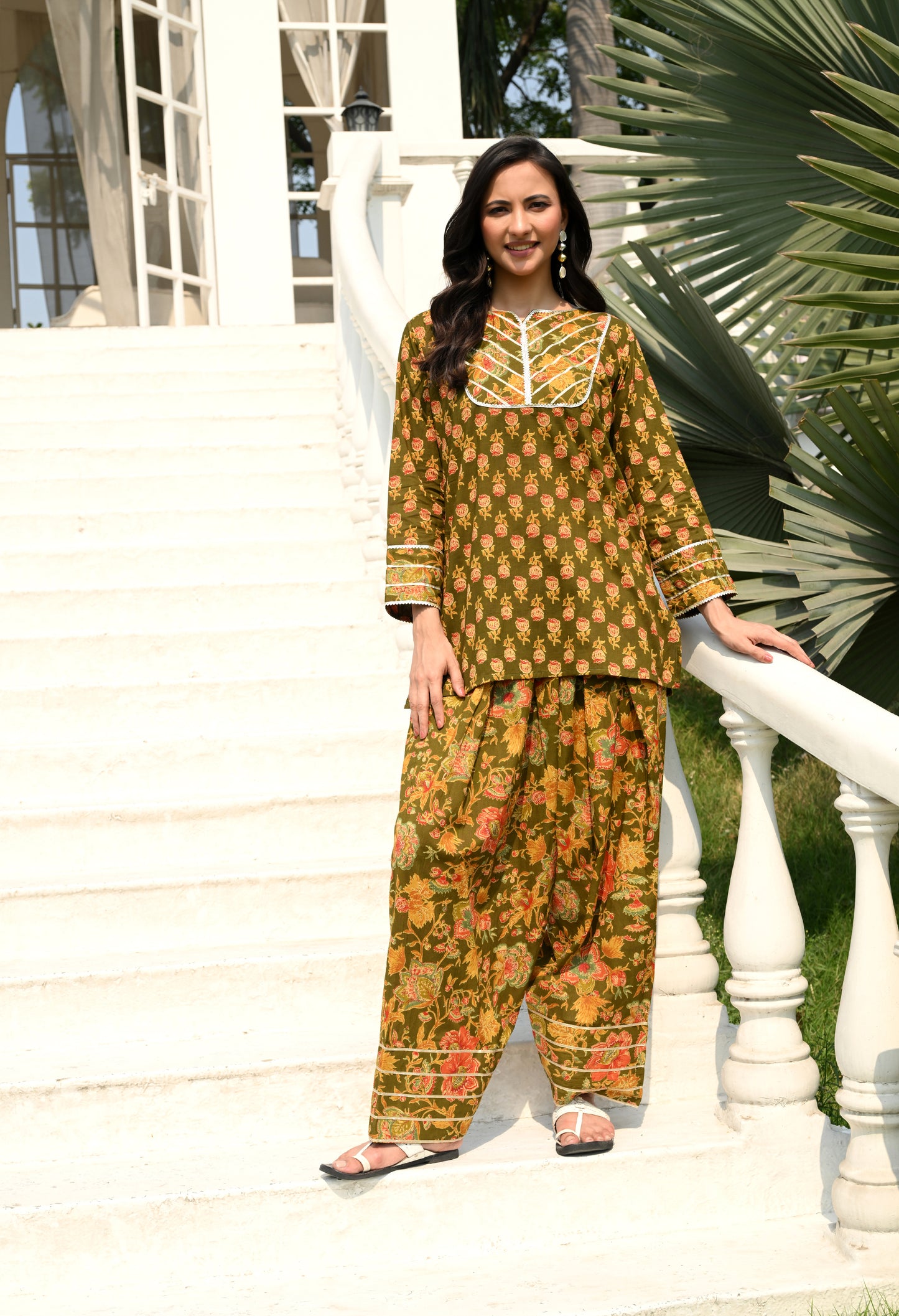 Olive Green Floral Hand-Block Cotton Co-ord Set – Farshi Salwar Ethnic Wear