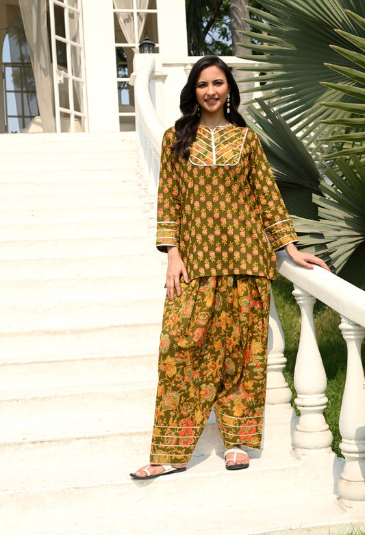 Olive Green Floral Hand-Block Cotton Co-ord Set – Farshi Salwar Ethnic Wear