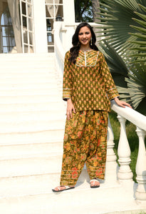 Olive Green Floral Hand-Block Cotton Co-ord Set – Farshi Salwar Ethnic Wear