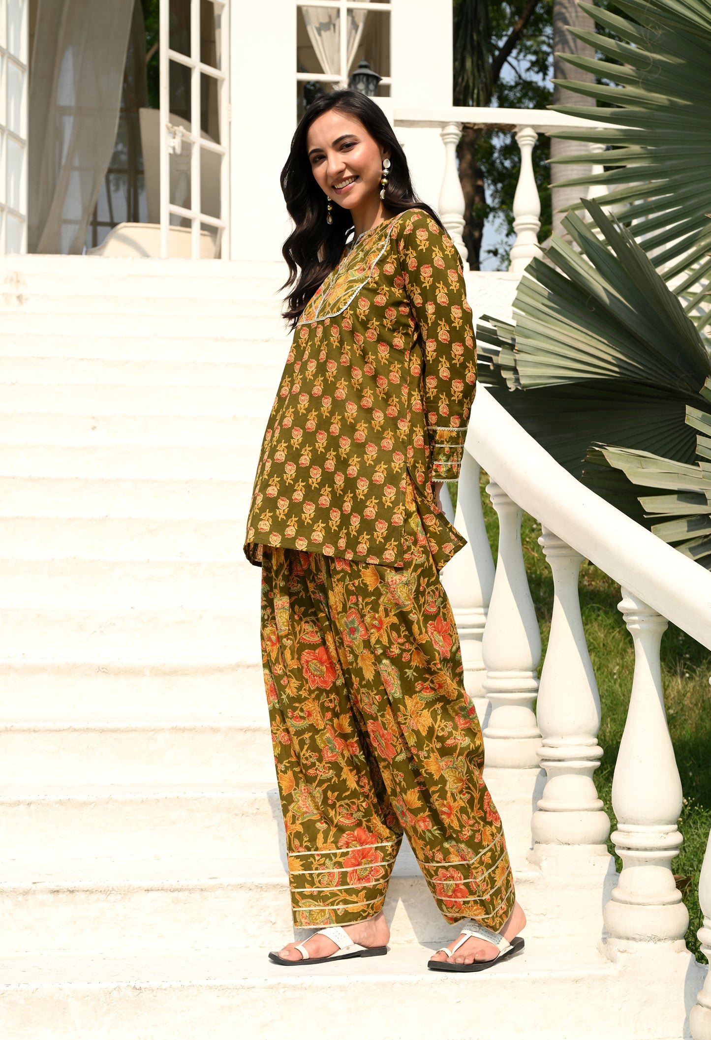 Olive Green Floral Hand-Block Cotton Co-ord Set – Farshi Salwar Ethnic Wear