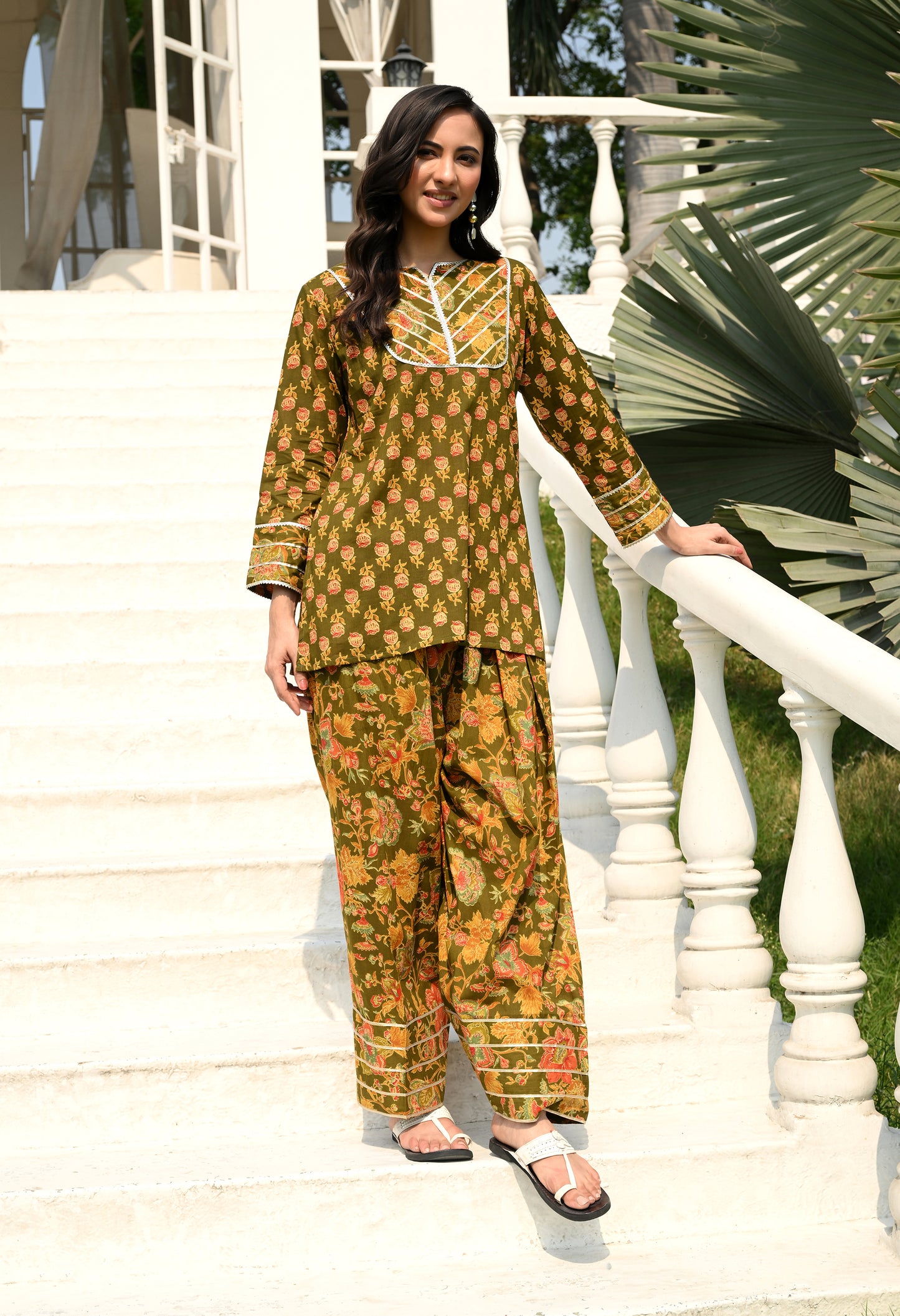 Olive Green Floral Hand-Block Cotton Co-ord Set – Farshi Salwar Ethnic Wear