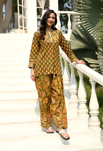 Olive Green Floral Hand-Block Cotton Co-ord Set – Farshi Salwar Ethnic Wear