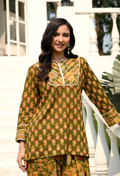Olive Green Floral Hand-Block Cotton Co-ord Set – Farshi Salwar Ethnic Wear