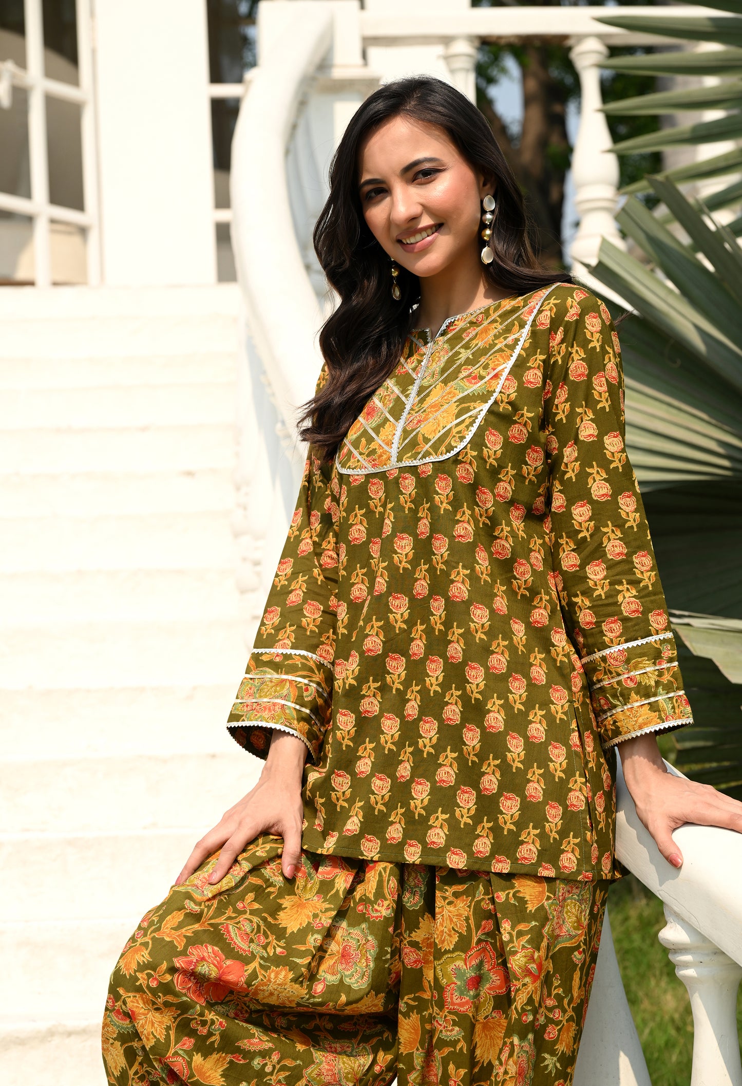 Olive Green Floral Hand-Block Cotton Co-ord Set – Farshi Salwar Ethnic Wear