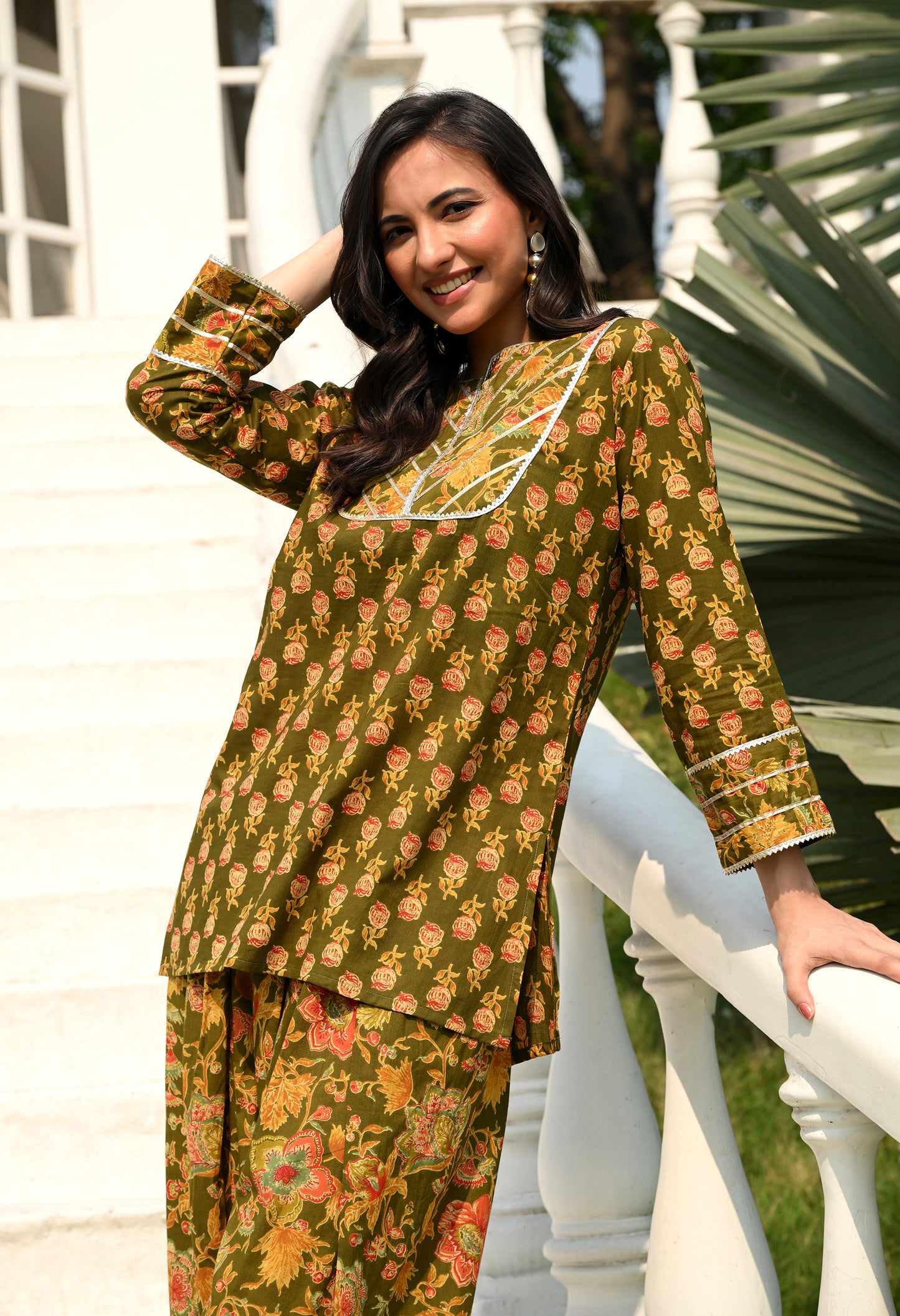 Olive Green Floral Hand-Block Cotton Co-ord Set – Farshi Salwar Ethnic Wear