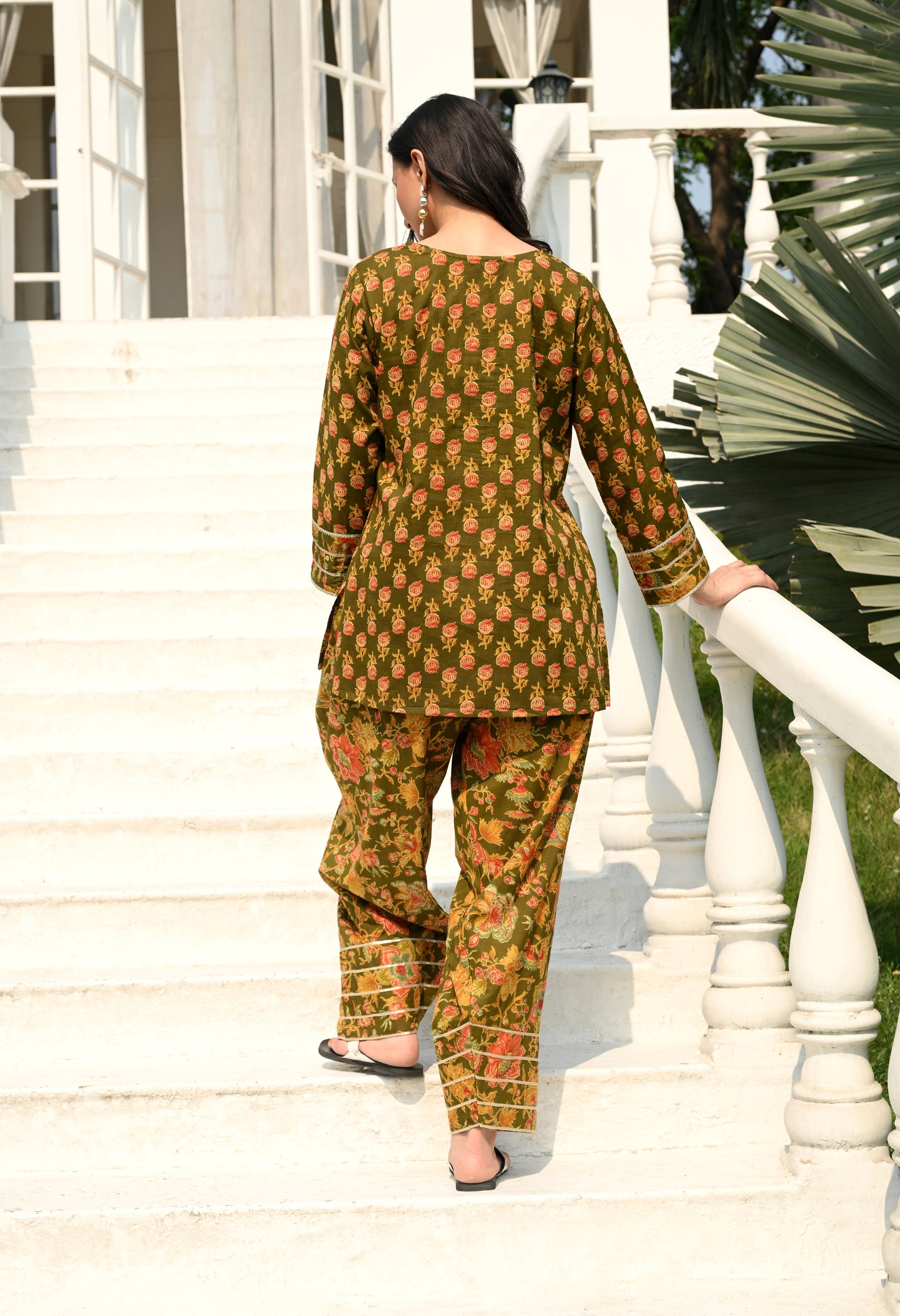 Olive Green Floral Hand-Block Cotton Co-ord Set – Farshi Salwar Ethnic Wear