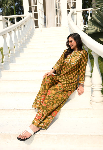 Olive Green Floral Hand-Block Cotton Co-ord Set – Farshi Salwar Ethnic Wear