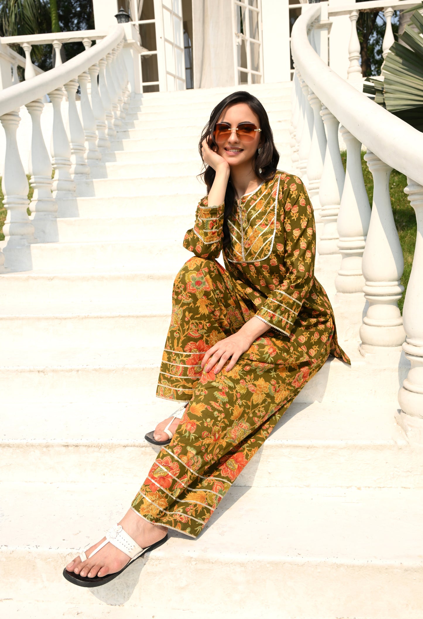 Olive Green Floral Hand-Block Cotton Co-ord Set – Farshi Salwar Ethnic Wear