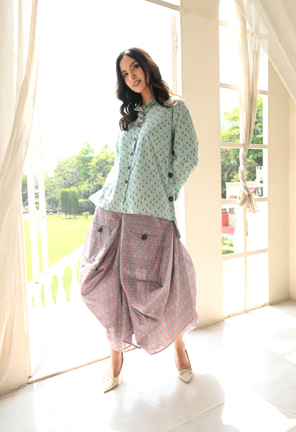 IVES Turquoise & Pink Floral Hand-Block Shirt & Striped Utility Dhoti Co-ord Set