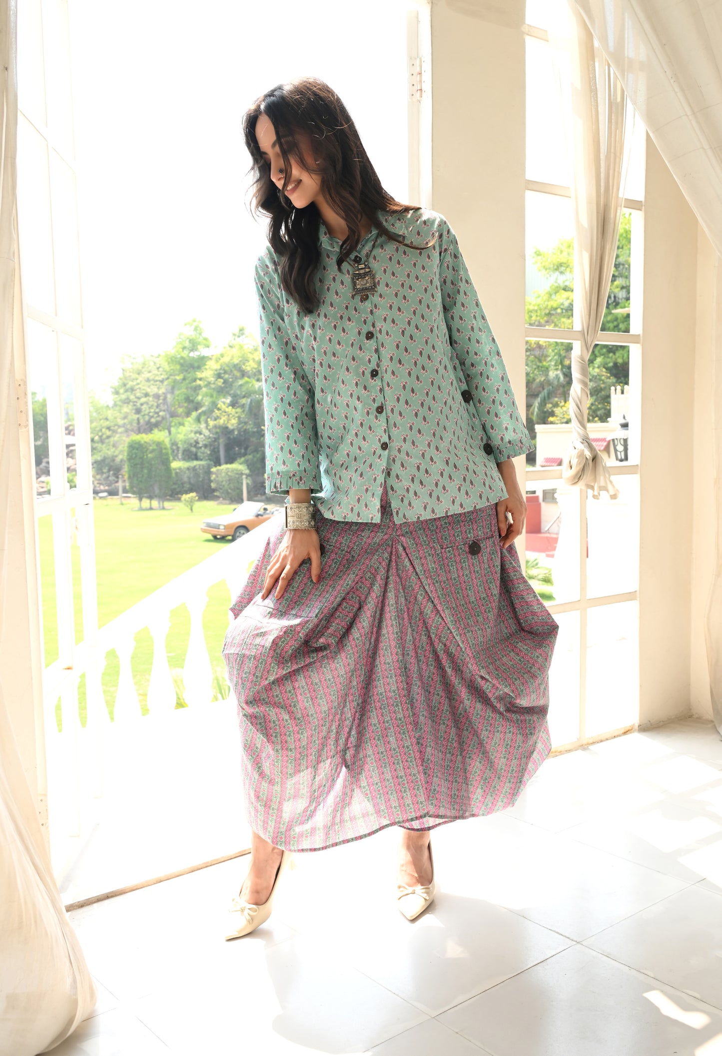 IVES Turquoise & Pink Floral Hand-Block Shirt & Striped Utility Dhoti Co-ord Set