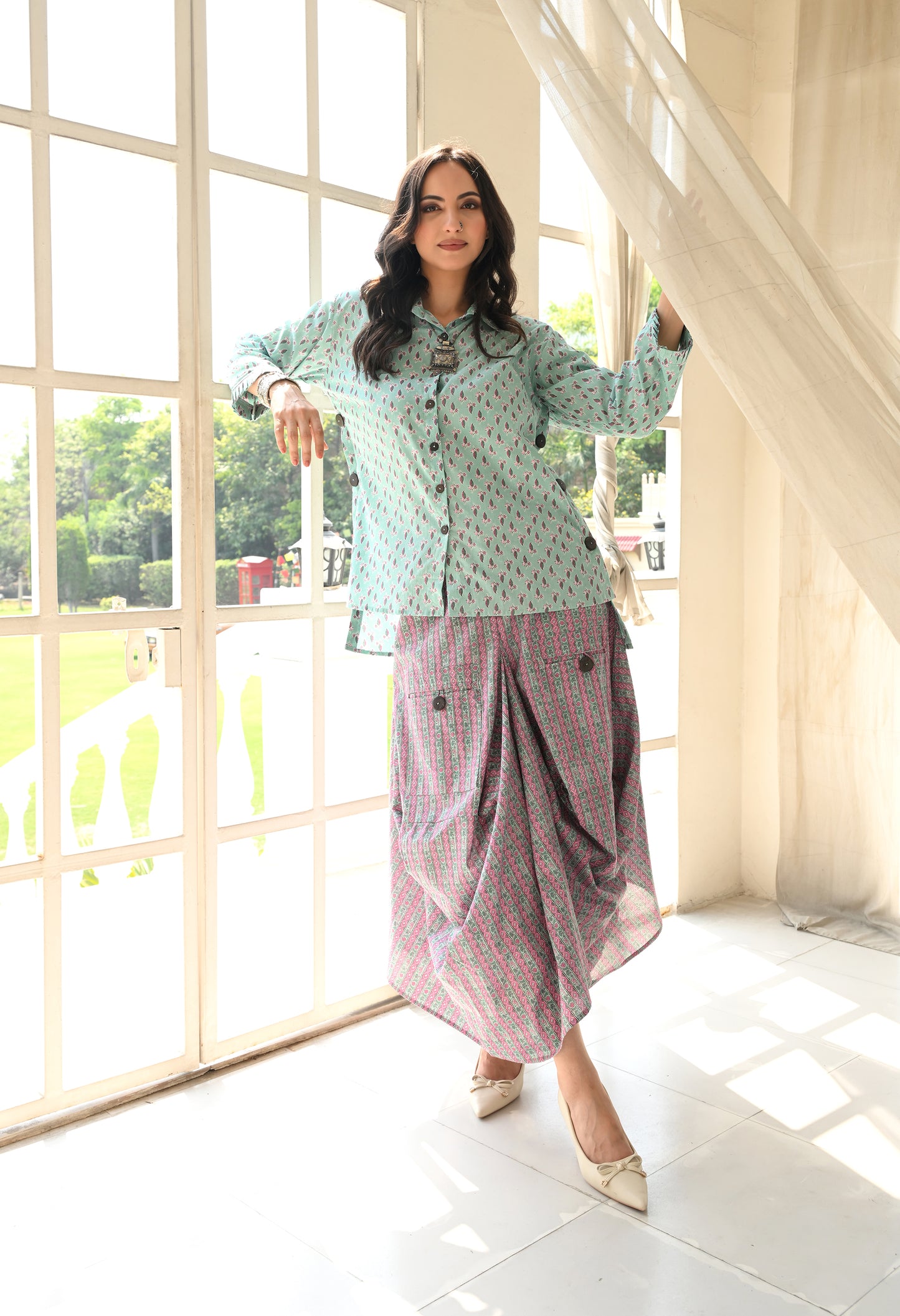 IVES Turquoise & Pink Floral Hand-Block Shirt & Striped Utility Dhoti Co-ord Set
