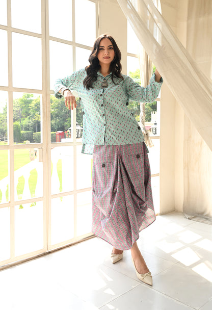 IVES Turquoise & Pink Floral Hand-Block Shirt & Striped Utility Dhoti Co-ord Set