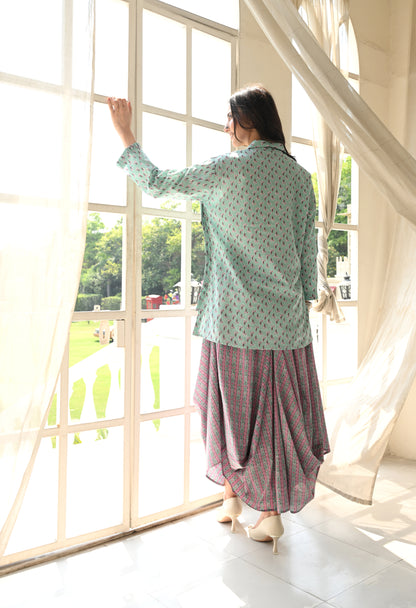 IVES Turquoise & Pink Floral Hand-Block Shirt & Striped Utility Dhoti Co-ord Set