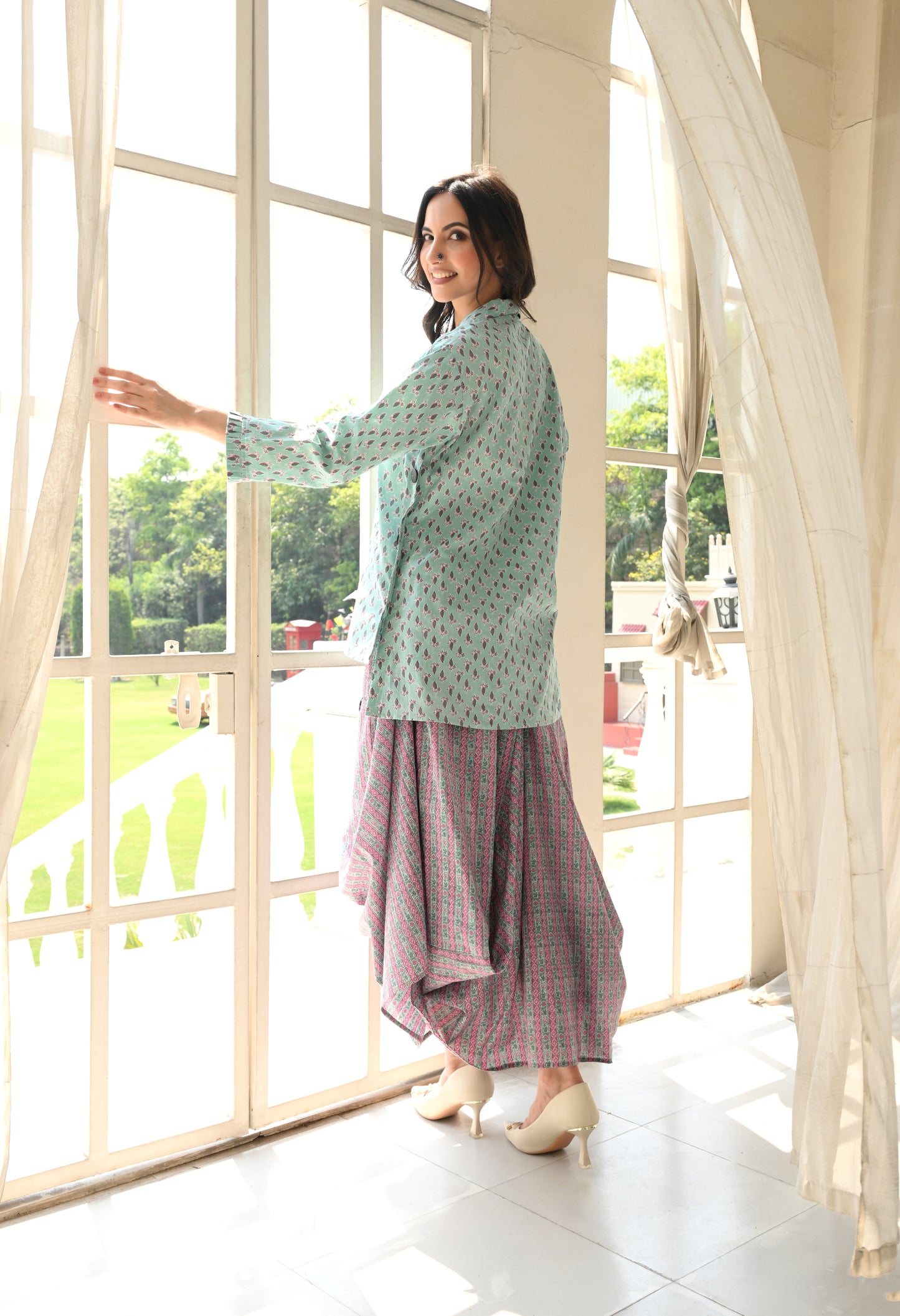 IVES Turquoise & Pink Floral Hand-Block Shirt & Striped Utility Dhoti Co-ord Set