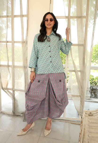 IVES Turquoise & Pink Floral Hand-Block Shirt & Striped Utility Dhoti Co-ord Set