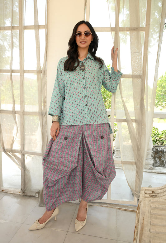 IVES Turquoise & Pink Floral Hand-Block Shirt & Striped Utility Dhoti Co-ord Set